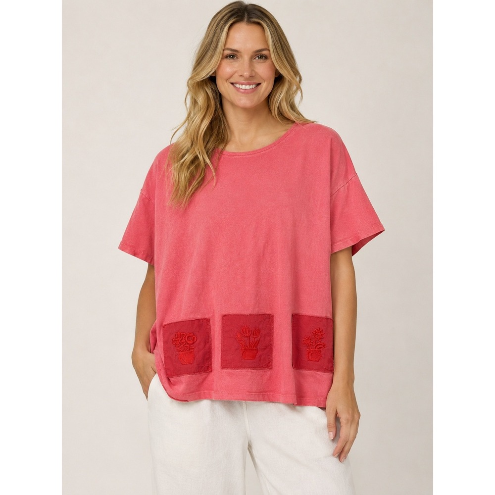 Johnny Was Shirt Coral Pink Embroidered Floral Patch Oversized One Size Fits All